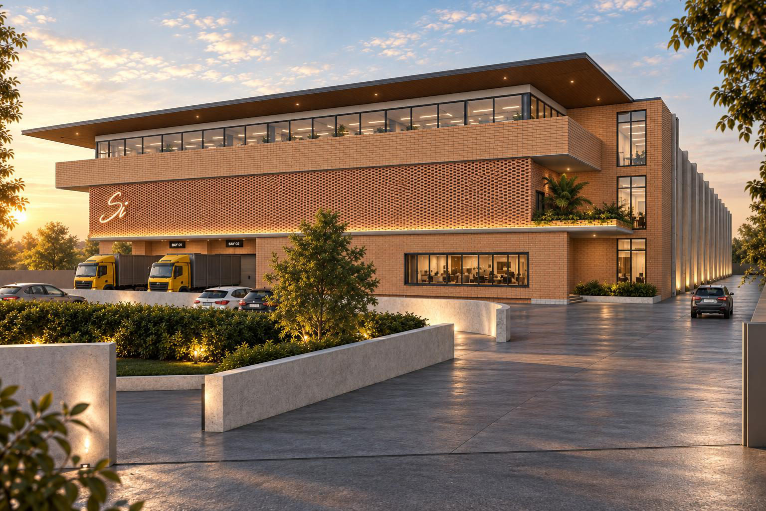Architectural render of the new Shivam International factory in Panipat at dusk, with a brick facade and landscaped driveway